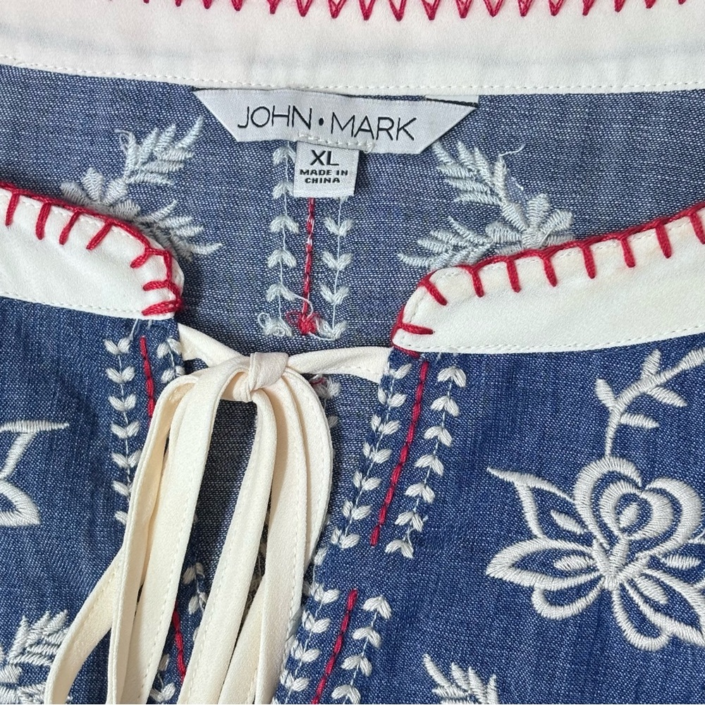 John Mark Embroidered Peasant Top Blue Red Loose Fit Dopamine Cotton XL - Picture 7 of 12